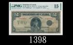 1923年加拿大领地2元，评级稀品1923 Dominion of Canada $2, s/n T-922083 pp C, Campbell/Sellar sign. Rare. PMG 15