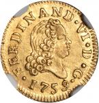 SPAIN. 1/2 Escudo, 1759-JB. Madrid Mint. Ferdinand VI (1746-59). NGC MS-65.