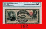 1863年美国纸钞 2元，罕品U.S.A.: First National Bank of Lebanon, $2, 1863, s/n D328410, Lazy 2. Very rare. C