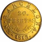 SPAIN. Barcelona. 20 Pesetas, 1813. PCGS AU-53 Secure Holder.