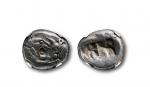 古希腊吕底亚克罗伊斯二分之一标准重银币一枚，重：5.32g，NGC CH VF 公元前561-546年 正面：张开大口怒吼的狮子头对着公牛，背面：戳记。这种狮子头压印银币被公认为是西方古代最早的银币钱