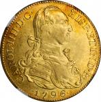 COLOMBIA. 8 Escudos, 1796-NR JJ. Nuevo Reino Mint. Charles IV. NGC AU-53.