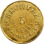 1834 Christopher Bechtler $5. K-18. Rarity-7. RUTHERF., 140.G., 20 CARATS, AUGUST 1, 1834. AU-53 (PC