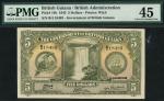 Government of British Guiana, $5, 1 January 1942, serial number B/4 18483, olive green, toucan at le