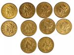 Lot of (10) 1875-S Liberty Head Double Eagles. EF-AU (Uncertified).