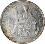 1908-A年坐洋壹圆贸易银币。巴黎造币厂。FRENCH INDO-CHINA. Piastre, 1908-A. Paris Mint. PCGS MS-63 Gold Shield.