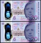 Bank of Scotland, £20 polymer issue, 1 June 2019, serial number AA 000150/200, purple, indigo and da