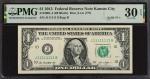 Fr. 3001-J. 2013 $1 Federal Reserve Note. Kansas City. PMG Very Fine 30 EPQ. Solid #1s.