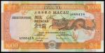 Banco Nacional Ultramarino, Macao, 1000 patacas, 8 July 1991, serial number AS 88418, orange and mul