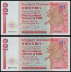 Standard Chartered Bank, consecutive 2 x $100, 1986, serial number AP 977234-35, red and multicolour