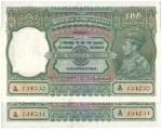 BANKNOTES,  纸钞,  INDIA,  印度, Reserve Bank of India: 100-Rupees (2),  ND (c.1944),  Bombay,  consecut