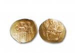 拜占庭帝国约翰二世碟型金币一枚，直径：27mm，重：3.93g，面值1赫帕派伦。                  公元1118-1143年。正面：圣母为约翰二世加冕，背面：基督耶稣。约翰二世是一位颇