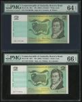 澳洲纸钞一组5枚，包括2元三枚及5元两枚，一枚2元评PMG 64EPQ，其馀66EPQ