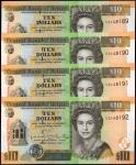 BELIZE. Lot of (4). Central Bank of Belize. 10 Dollars, 2001. P-62b. Consecutive. About Uncirculated