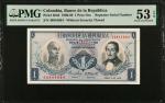 COLOMBIA. Banco de la Republica. 1 Peso Oro, 1966-69. P-404d. Repeater Serial Number. PMG About Unci