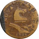 1787 New Jersey Copper. Maris 37-Y, W-5150. Rarity-5. Outlined Shield, Goiter. Fine-12, Rim Corrosio