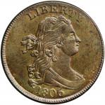 1806 Draped Bust Half Cent. C-4. Rarity-1. Large 6, Stems to Wreath. AU-58 (PCGS).