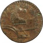 1787 New Jersey copper. Maris 58-n. Rarity-5-. Camel Head. Overstruck on an off-center Connecticut c