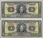 ECUADOR. Lot of (2). Banco Central Del Ecuador. 5 Sucres, 1951-55. P-98a & 98c. Very Fine & Uncircul