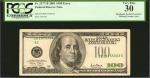 Fr. 2177-B. 2001 $100  Federal Reserve Note. New York. PCGS Currency Very Fine 30. Misaligned Partia