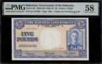 Government of the Bahamas, £5, ND (1945-57), serial number A/2 217291, signature Higgs/Latreille/Bur