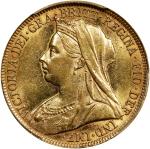 1899-M年澳大利亚1Sovereign。墨尔本造币厂。AUSTRALIA. Sovereign, 1899-M. Melbourne Mint. Victoria. PCGS AU-58.