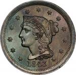 1843 Braided Hair Cent. N-6. Rarity-1. Mature Head, Large Letters. MS-65 BN (PCGS).