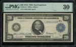 1914年美国联邦储备券20元，编号 L26941628A，蓝印，三藩市发行，PMG 30