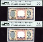 Board of Commissioners of Currency Malaya and British Borneo, consecutive pair of $1, 21 March 1953,