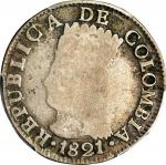 COLOMBIA. Cundinamarca. 2 Reales, 1821-Ba JF. Bogota Mint. PCGS VG-08.