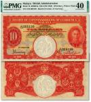 英属马来亚1941年国王乔治六世像10元，设计精美，纸张硬挺，纹理清晰，色彩浓郁醇厚，原汁原味，八五成新（低评，PMG-40/2212838-050）