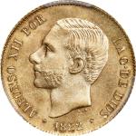 1882年菲律宾4 比索金币。马尼拉造币厂。PHILIPPINES. 4 Pesos, 1882. Manila Mint. Alfonso XII. PCGS MS-64.