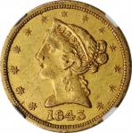 1843-O Liberty Head Half Eagle. Large Letters. Winter-1, the only known dies. AU-53 (NGC).
