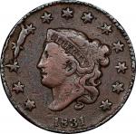 1831 Matron Head Cent. N-9. Rarity-2 (Rarity-8 for die state). Large Letters. Fine, Damaged.