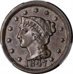 1847 Braided Hair Cent. N-23. Rarity-5. Grellman State-c. MS-62 BN (PCGS).