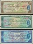 Great Britain, set of 3 travellers cheques for, 2, 10 and 50pounds, 1960, redeemed, brown, green and