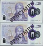 Bank of England, Sarah John, polymer £20, ND (20 February 2020), serial number AA01 000124/125, purp