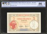 FRENCH SOMALILAND. Banque de LIndo-Chine. 5 Francs, ND (1937). P-6s. Specimen. PCGS BG Gem Uncircula