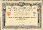 Banque Commercialle Franco-Italienne, share certificate for 200 francs, 1926, extremely fine
