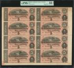Uncut Sheet of (8) T-69. Confederate Currency. 1864 $5. PMG About Uncirculated 55 Net. Repaired. Rem