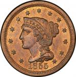 1855 Braided Hair Cent. Newcomb-4. Upright 55. Rarity-1. Mint State-65 RB (PCGS).