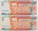 Philippines; 1999-2000, Lot of 2 Lucky number notes. 1999, 20 Piso P.#182f, sn. HD 1000000, left edg