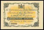 Straits Settlements, 25 Cents, Specimen, ND(1917), serial number H/1 00000, black on yellow-orange u