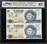 BAHAMAS. Uncut Pair. Central Bank of the Bahamas. 1 Dollar, 1974 (ND 1992). P-50a. Commemorative. PM