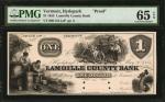 Hyde Park, Vermont. Lamoille County Bank. 1855. $1. PMG Gem Uncirculated 65 EPQ. Proof.