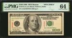Fr. 2175-As. 1996 $100 Federal Reserve Note. Boston. PMG Choice Uncirculated 64. Specimen.