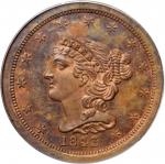 1843 Braided Hair Half Cent. Second Restrike. B-3. Rarity-7. Small Berries. Proof-64 RB (PCGS). CAC.