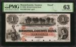 Taunton, Massachusetts. Bristol County Bank. 1850s. $1. PMG Choice Uncirculated 63. Proof.