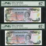 Central Bank of Belize, $10 (2), 1 January 1987, serial number P/5 937913/937978, dark grey on multi