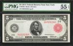Fr. 833b. 1914 Red Seal $5 Federal Reserve Note. New York. PMG About Uncirculated 55 EPQ.
